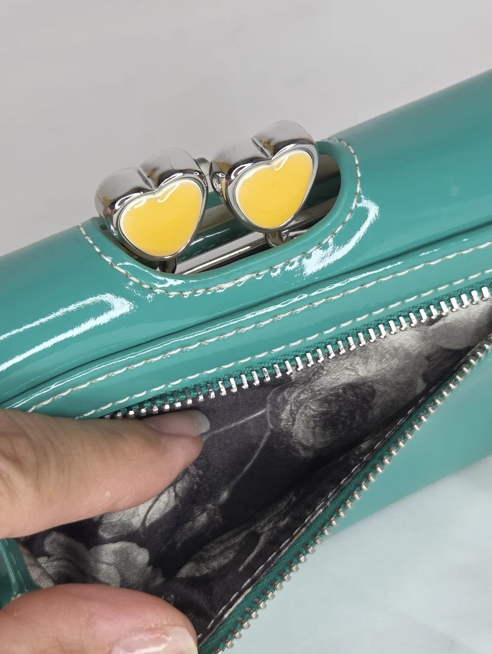 Ted Baker Turquoise Patent Leather Zip Wallet withSilver Accents/Floral Interior - Picture 11 of 14